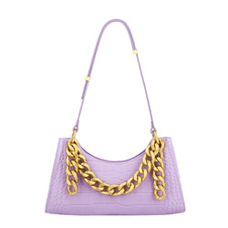 Stylish Crocodile Embossed Metal Chain Baguette Shoulder Bag - Purple