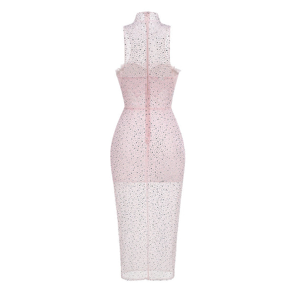 Sweet High Neck Bustier Sleeveless Sheer Rhinestone Mesh Midi Dress