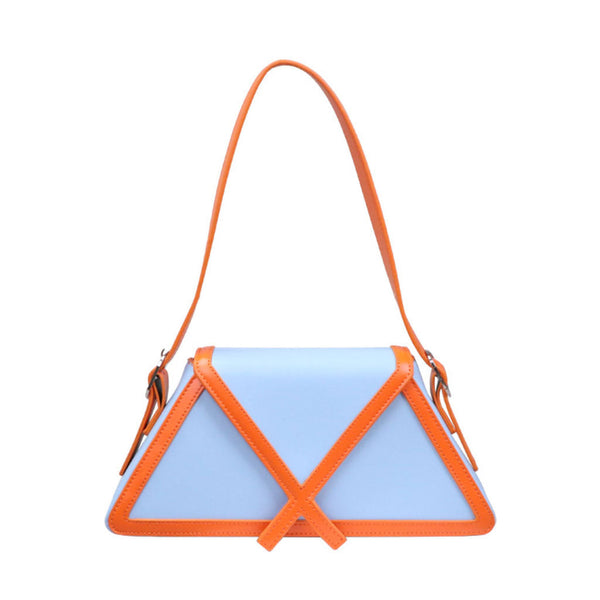 Unique Contrast Piping Geometric Leather Shoulder Bag - Blue