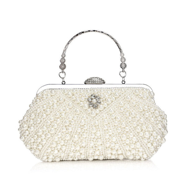 Unique Rhinestone Embellished Top Handle Pearl Clutch Bag - Beige