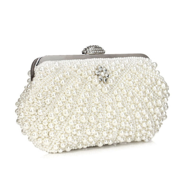 Unique Rhinestone Embellished Top Handle Pearl Clutch Bag - Beige