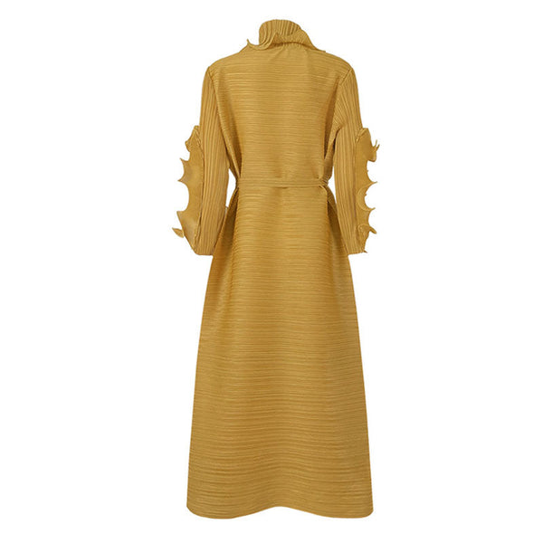 Unique Ruffled Long Sleeve V Neck Front Slit Belted Pleated Maxi Dress