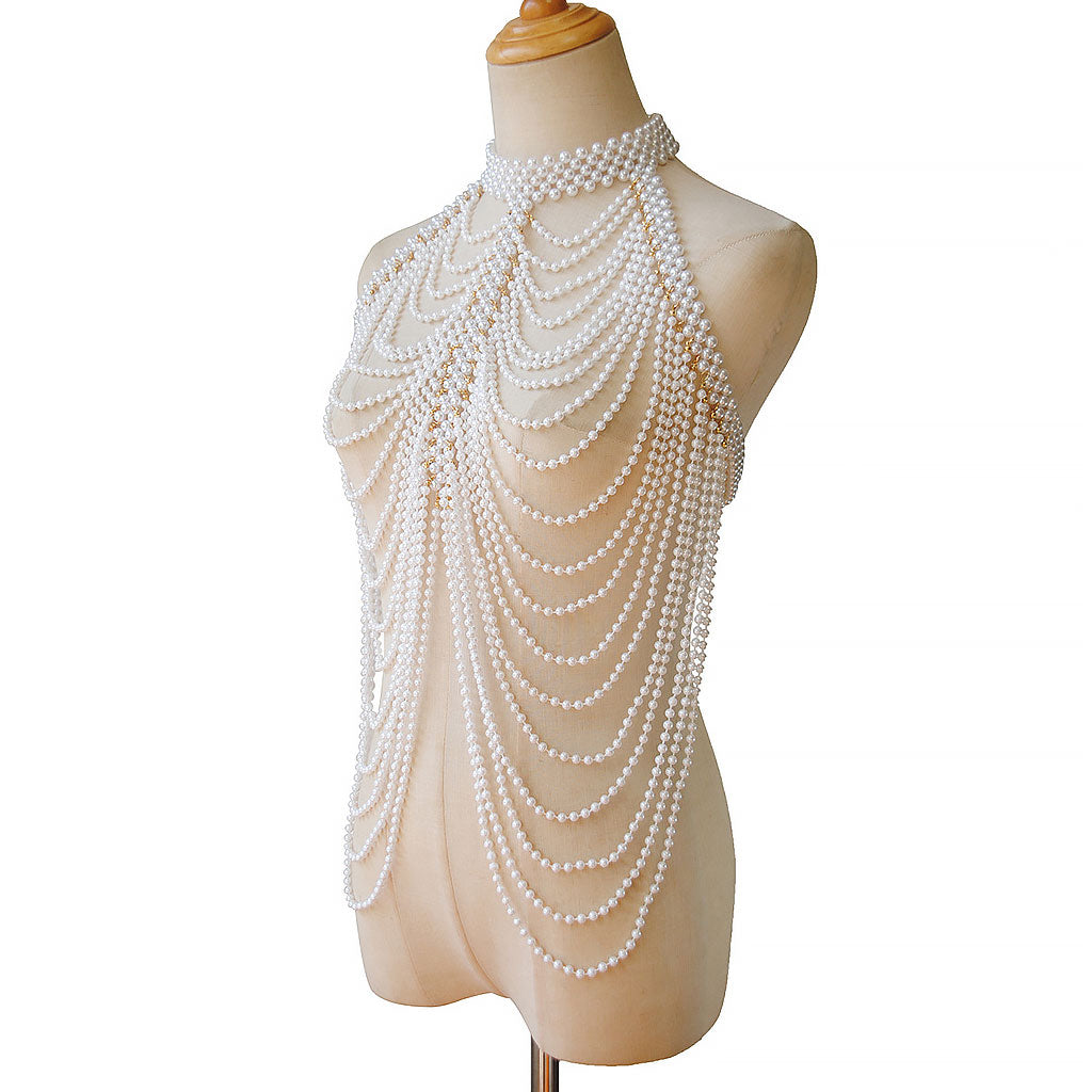 VICTORIAN FANTASIA Metallic Layered Imitation Pearl Choker Body Chain