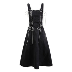 Vintage Contrast Stitch Lace Up Bow Tie Bustier A Line Midi Sundress