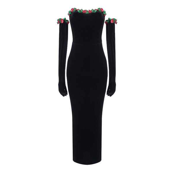 Vintage Sequined Floral Opera Sleeve Strapless Velvet Bodycon Maxi Dress