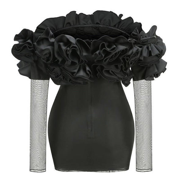 Voluminous Rosette Corsage Off Shoulder Sheer Mesh Ruched Mini Party Dress