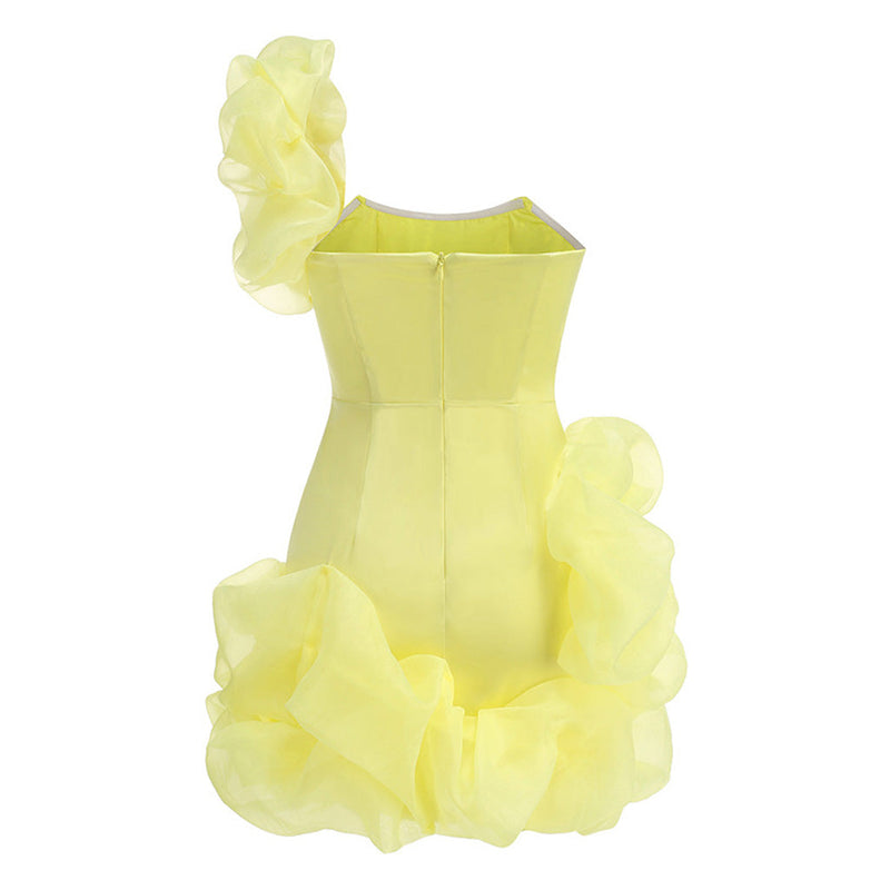 Voluminous Ruffle Organza One Shoulder Bodycon Satin Mini Party Dress