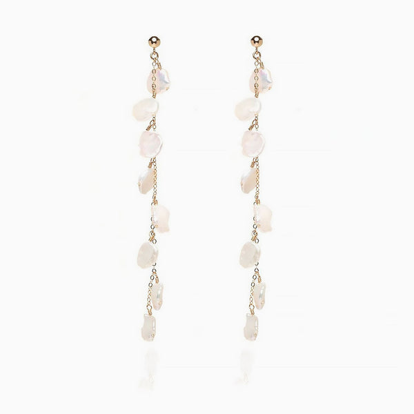 Wedding 18K Gold Plated Baroque Petal Pearl Cable Chain Drop Earrings