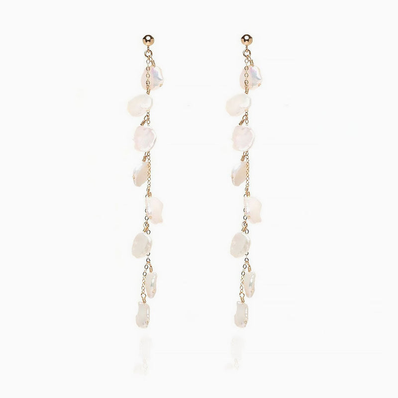 Wedding 18K Gold Plated Baroque Petal Pearl Cable Chain Drop Earrings